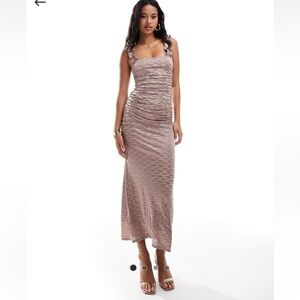 ASOS Square Neck Metallic Plisse Midi Dress With Ruched Straps - Blush/ Mauve